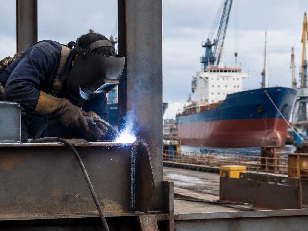 Welding steel at a harbour dockyard