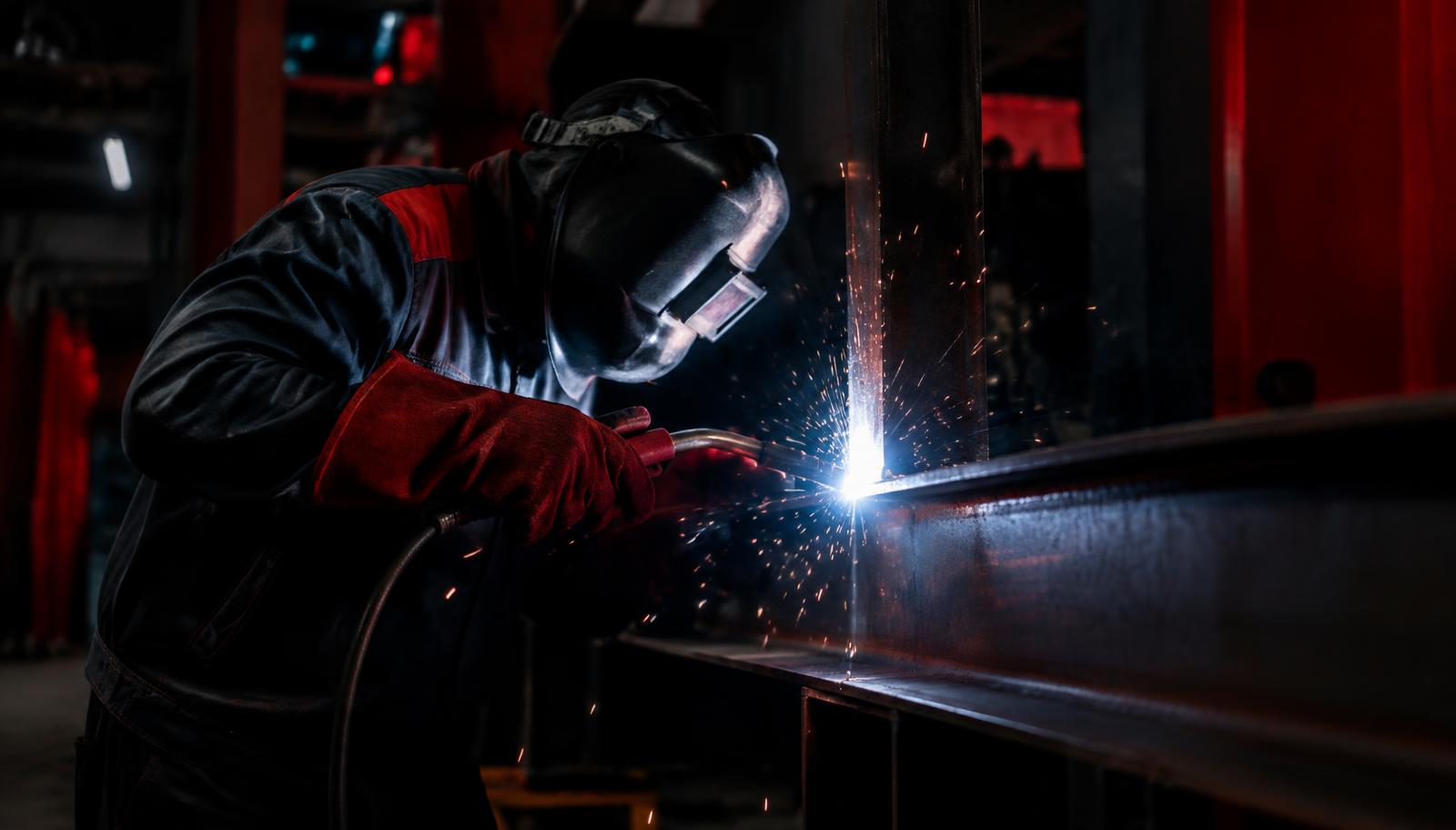 Welder in protective gear welding a steel beam with sparks flying