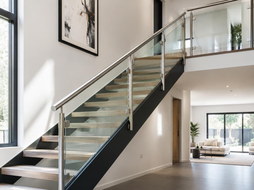 Modern staircase with stainless steel and glass balustrade
