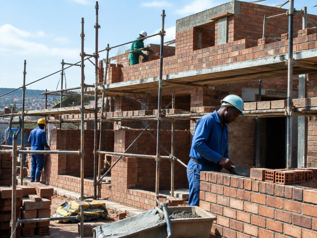Bricklayers building walls on a construction site with scaffolding