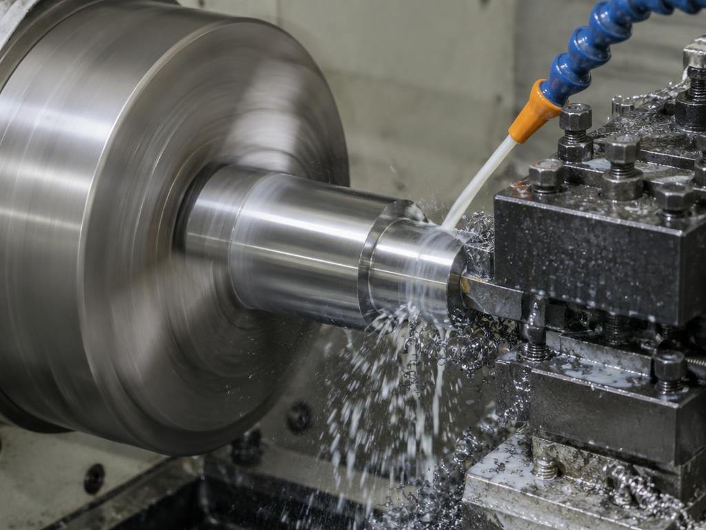 Lathe turning a steel shaft with coolant spraying