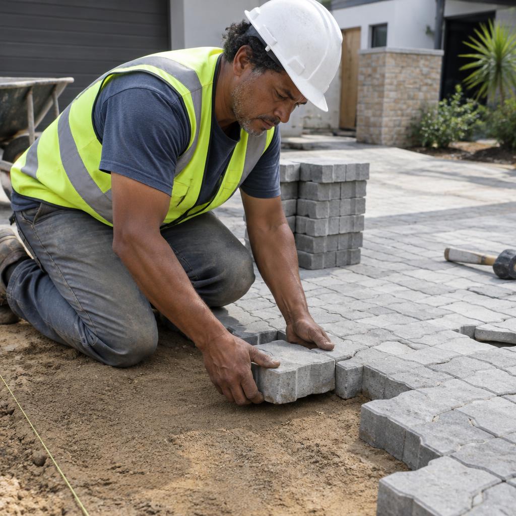 Workers laying interlocking paving bricks on a sand bed