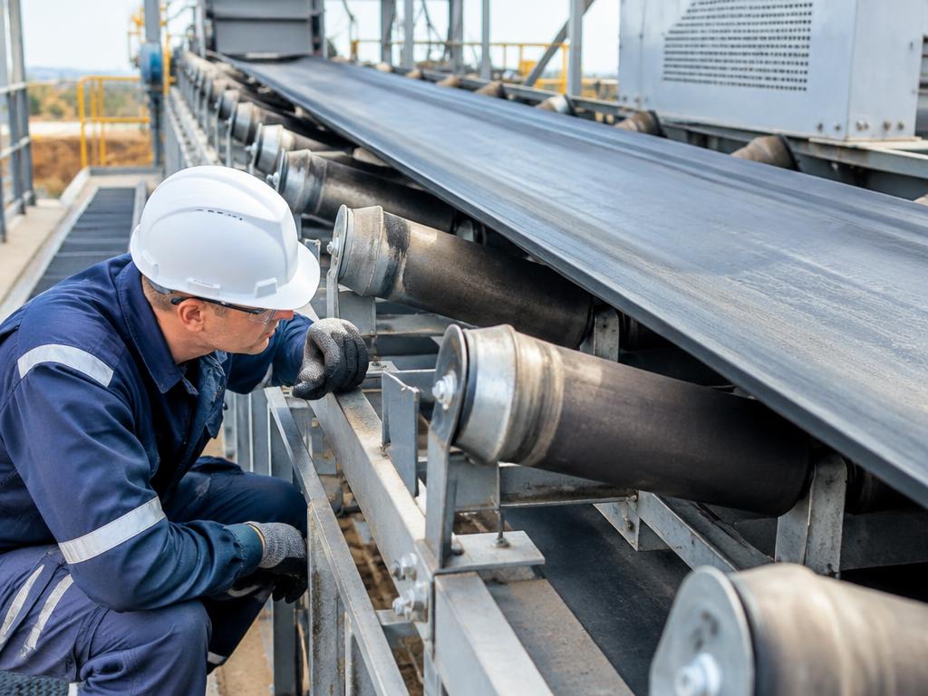 Technician in hard hat inspecting conveyor belt rollers