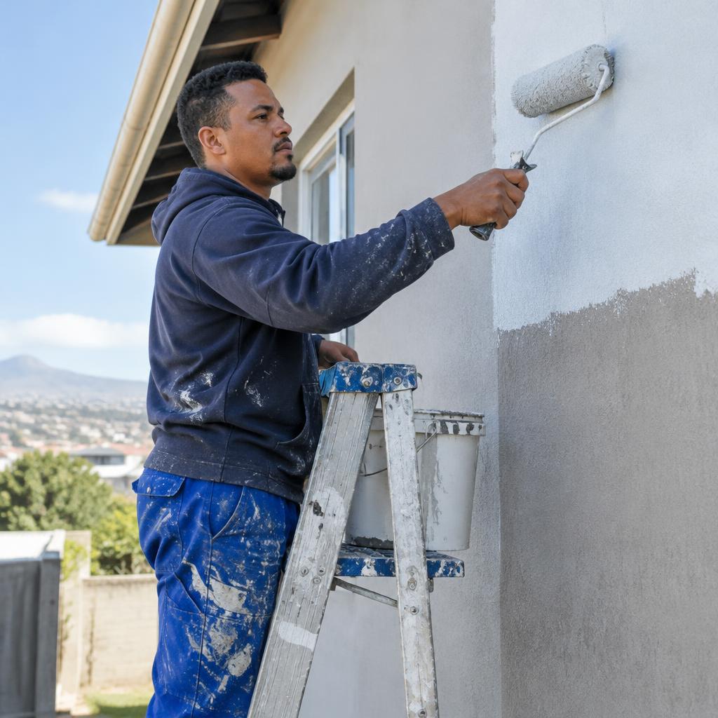 Worker on a ladder painting the exterior wall of a building