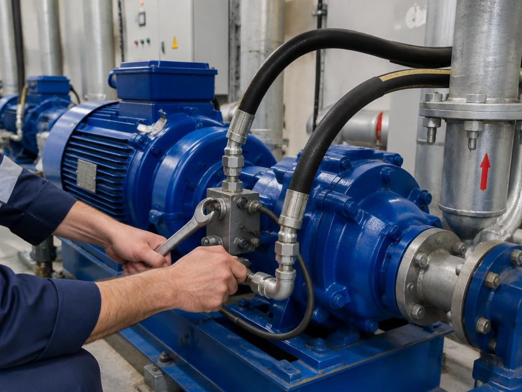 Technician tightening a hydraulic fitting on an industrial pump
