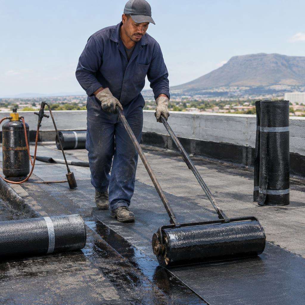 Worker rolling waterproofing membrane onto a flat roof